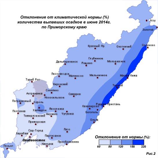 Схема распределения осадков на территории Приморья в июне 2014 г.