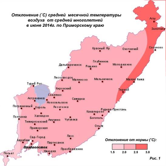 Схема распределения температур воздуха на территории Приморья в июне 2014 г.